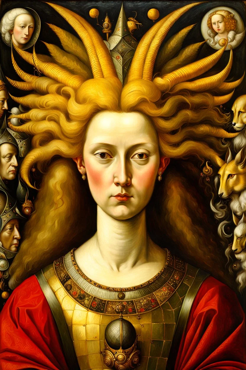 a Flemish Renaissance era oil painting of the otherworldly, demonic kabbalah princess Eisheth , highly detailed hair and facial features, in the style of Pieter Brueghel, Jan van Eyck, and Hieronymus Bosch, aged canvas, antique craquelure finish, archaic museum quality masterpiece, 4k