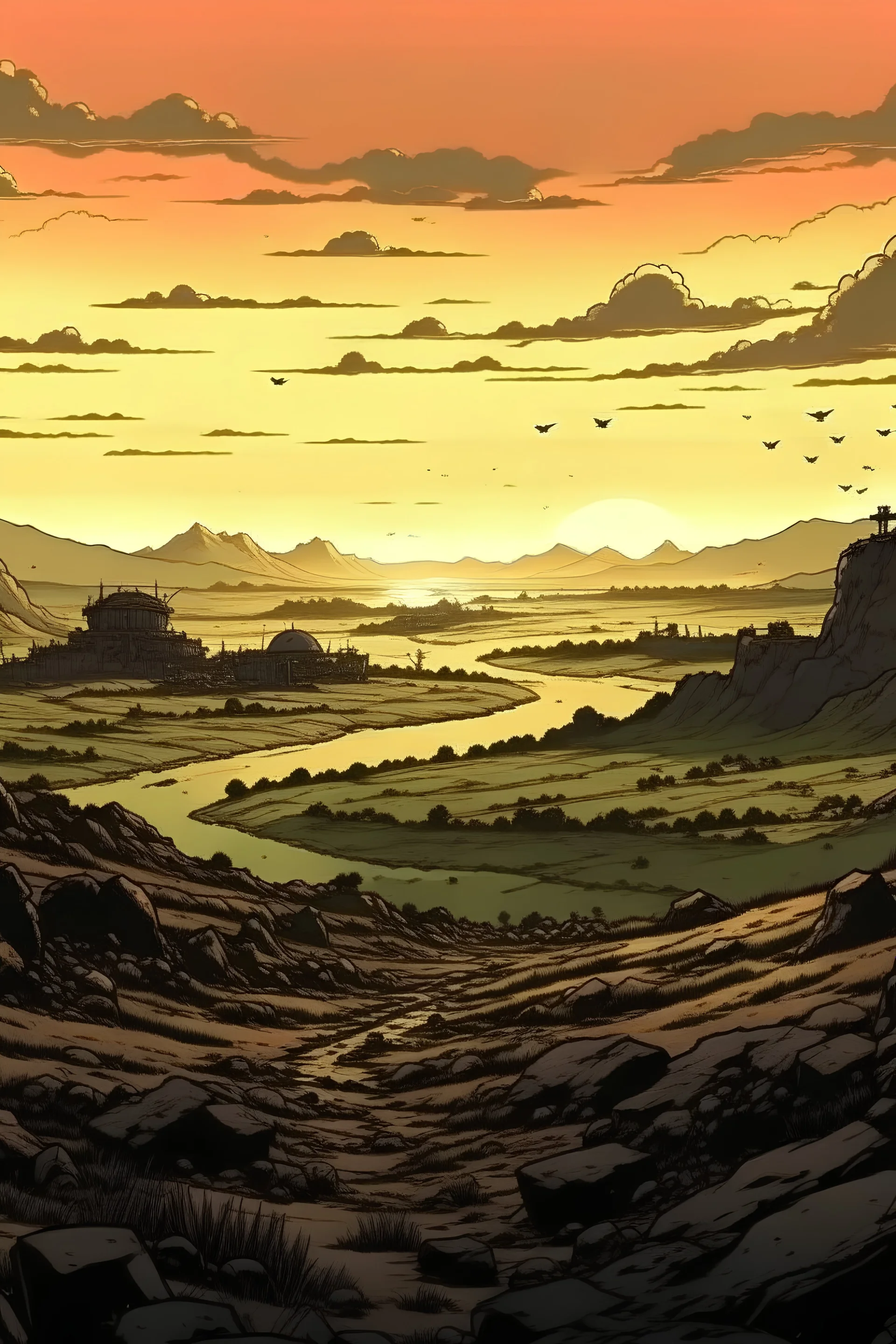 landscape of war in an anime style