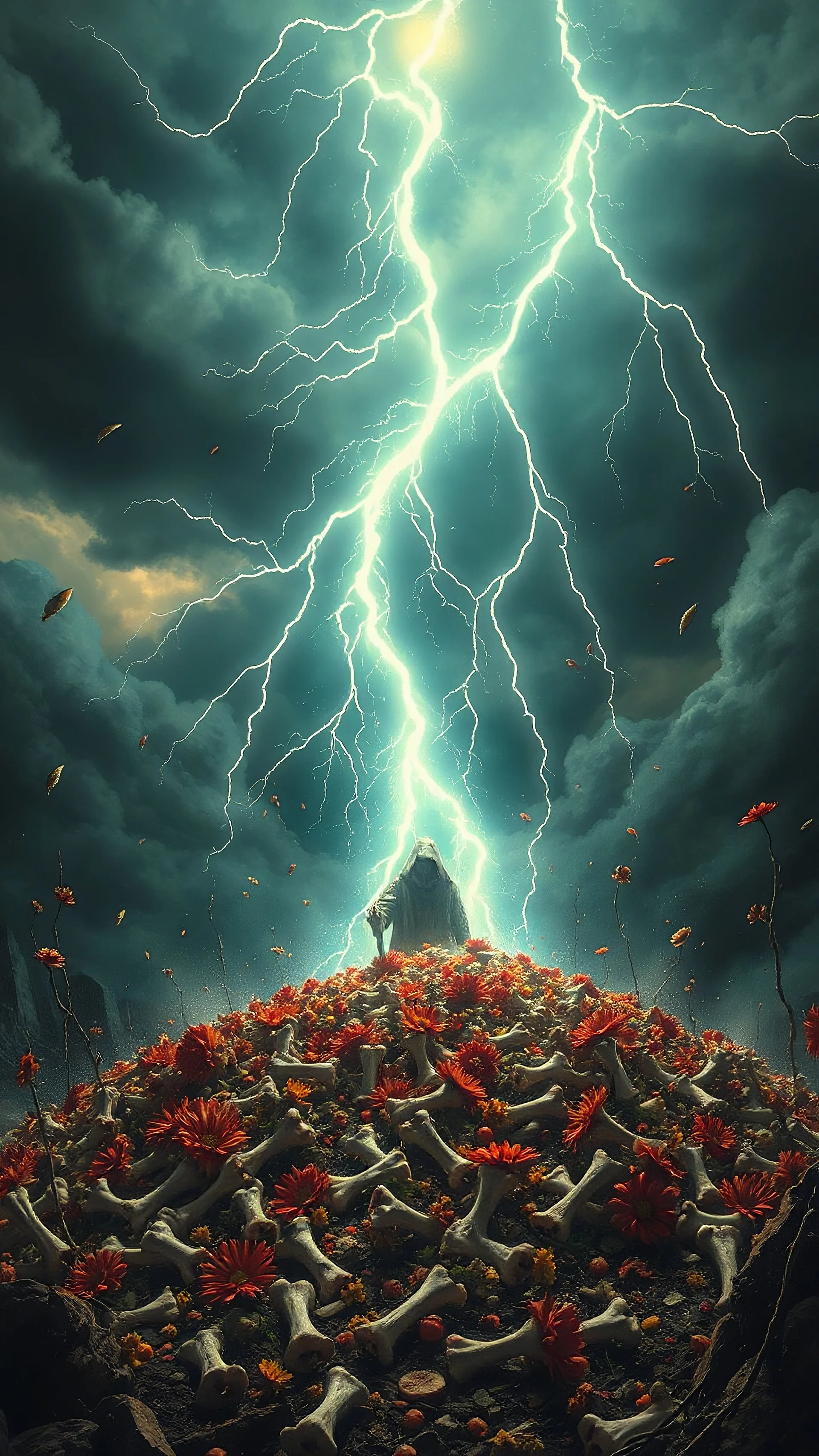 realistic nuclear muschrum, a colossal heap of flower . The stormy sky. When a lightning bolt strikes, shower of bone fragments scattering through, apocalyptic atmosphere, with the lightning casting eerie, flickering shadows over the grim,in the background big evil hooded charcuter