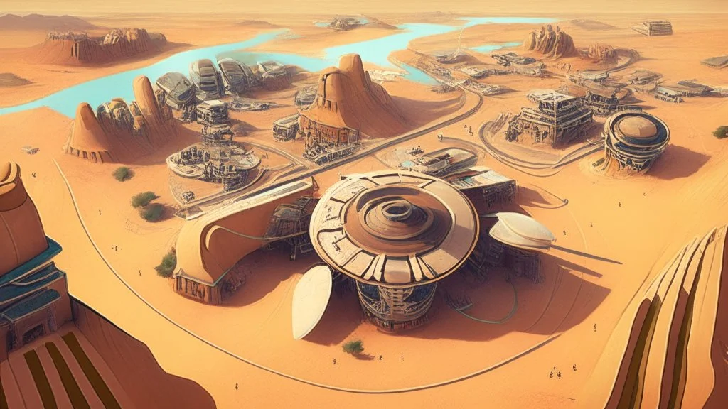 desert city from above, wind generators, retro futuristic, comic style