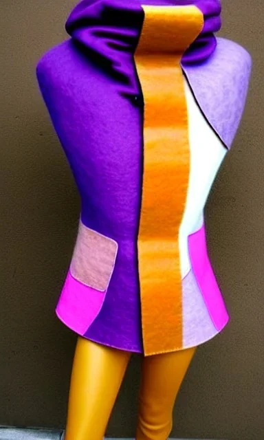 Camouflage colors are terracotta, cream and purple, lilac and Cream latex! European daft punk woman. Mantle is sewed of recycled Denim and sewed together of recycled polymer felt. Yellow(Munsell) areas. hint of orange as effect color!!Big bright purple/khaki felt tippet and cream or blue or lilac colored-hood. mantle is merged with satchel. . AKG-style headphones (gold rings!) is merged with small felt cap with small visor. Style: Haute Couture in 1998