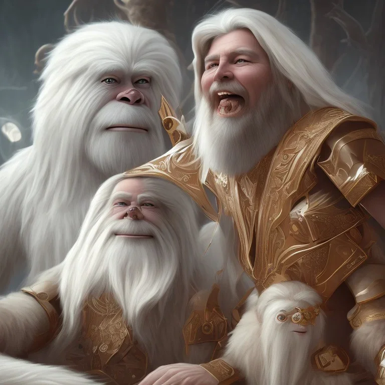 Legendary yeti with long white hair lying on the bed watching TV and eating popcorn, detailed painting elements, artwork, full HD painting, 8K