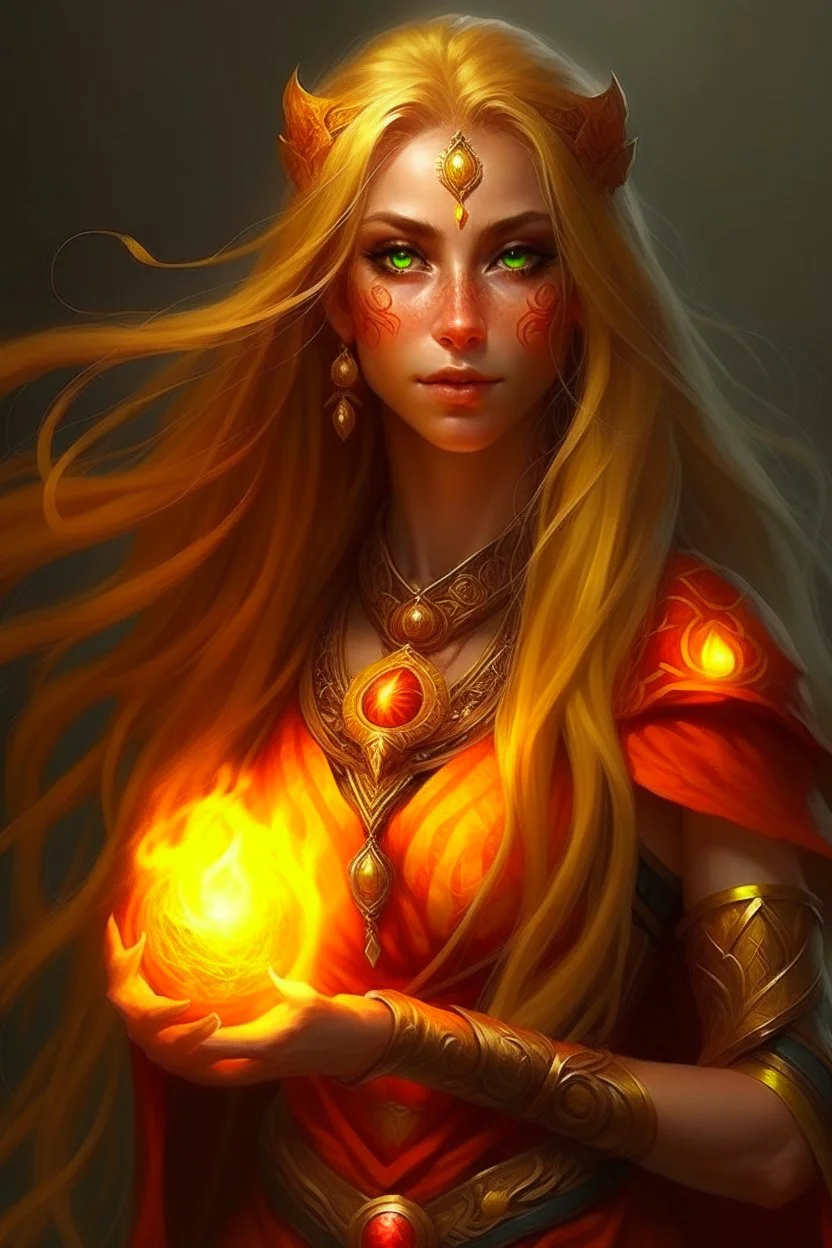 Female eladrin druid with fire abilities. Fire textured long golden hair. Tanned skin. Big red eyes with touch of fire .