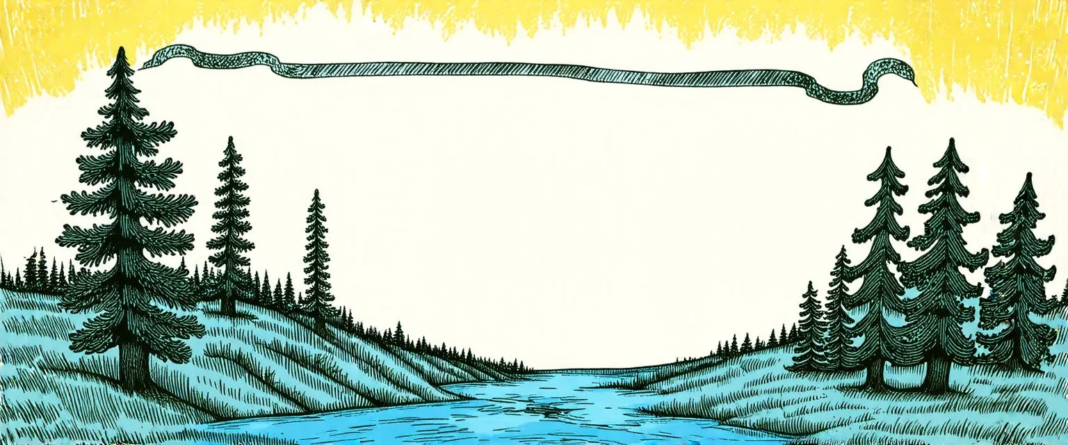 memorial placard with hand drawn illustration, northern lights on the top right and left with a thin section joining then through the middle. below are trees and water. whimsical hand drawn style. line drawing with muted color
