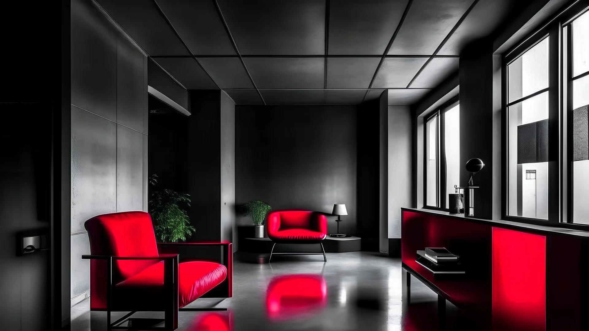 brutalist simple interior with red elements