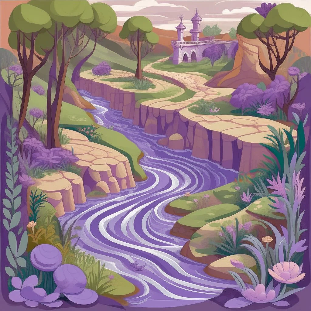 A light purple gorge with a swampy water river designed in Mexican folk art painted by Zosan