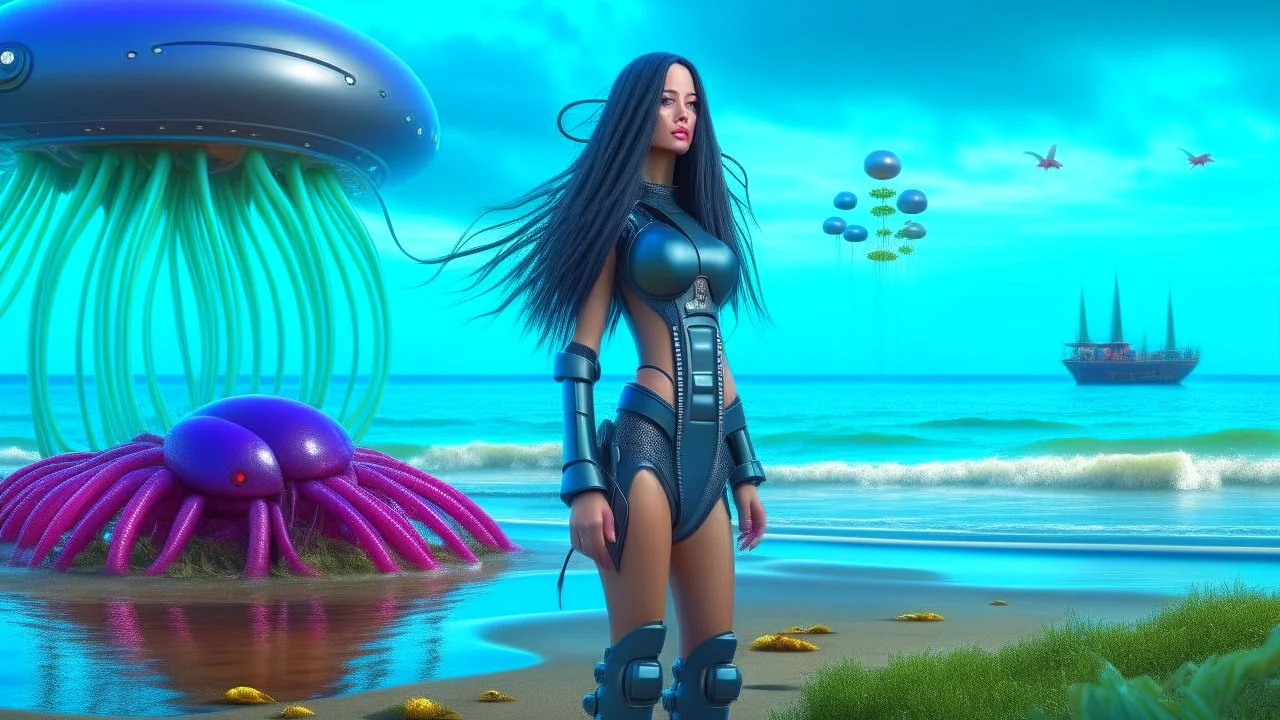 A Long-Haired Woman In A Robotic-Looking Catsuit Standing On A Beach, With Flying Mushrooms with Jellyfish Tentacles, and a crashed Spaceship lying in the water, and a Forest in the distance, photorealistic