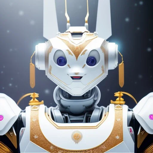 hyper realistic, beautiful smooth realistic Japanese oni robot, run on dark cosmos background, cat еye, extremely sharp detail, finely tuned detail, ultra high definition, 8 k, unreal engine 5, ultra sharp focus, accurate sword wings, positive smile, lot of details, fit within portrait, Ambiance winter, perfect composition, perfect hair,