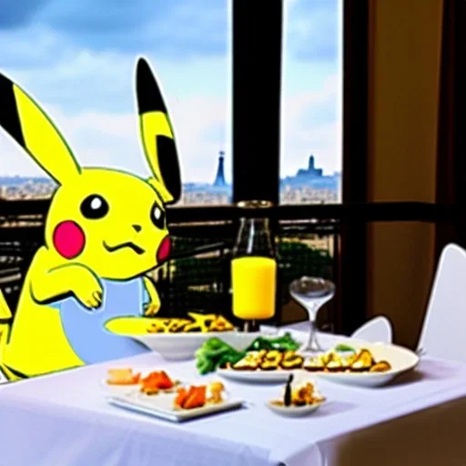 A pikachu fine dining with a view to the Eiffel Tower