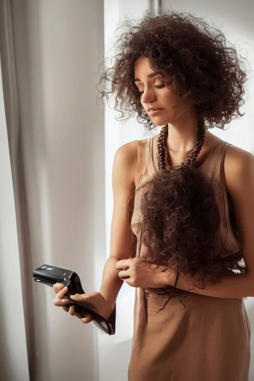 A beautiful woman with curly brown hair, a pensive expression, holding in one hand an old dial phone with the cord wrapped around her body, in a luxurious room in sunshine