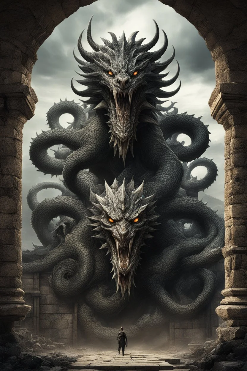 A hydra, a monstrous beast of myth and legend, lurks within the castle's walls. Its seven heads, each one brimming with malevolence, writhe and strain against the chains that hold them captive. Six of the heads, chained tightly, restrict the hydra's movements, confining its destructive potential. But the seventh head, unchained and unrestrained, looms above the others, a constant reminder of the peril that awaits.