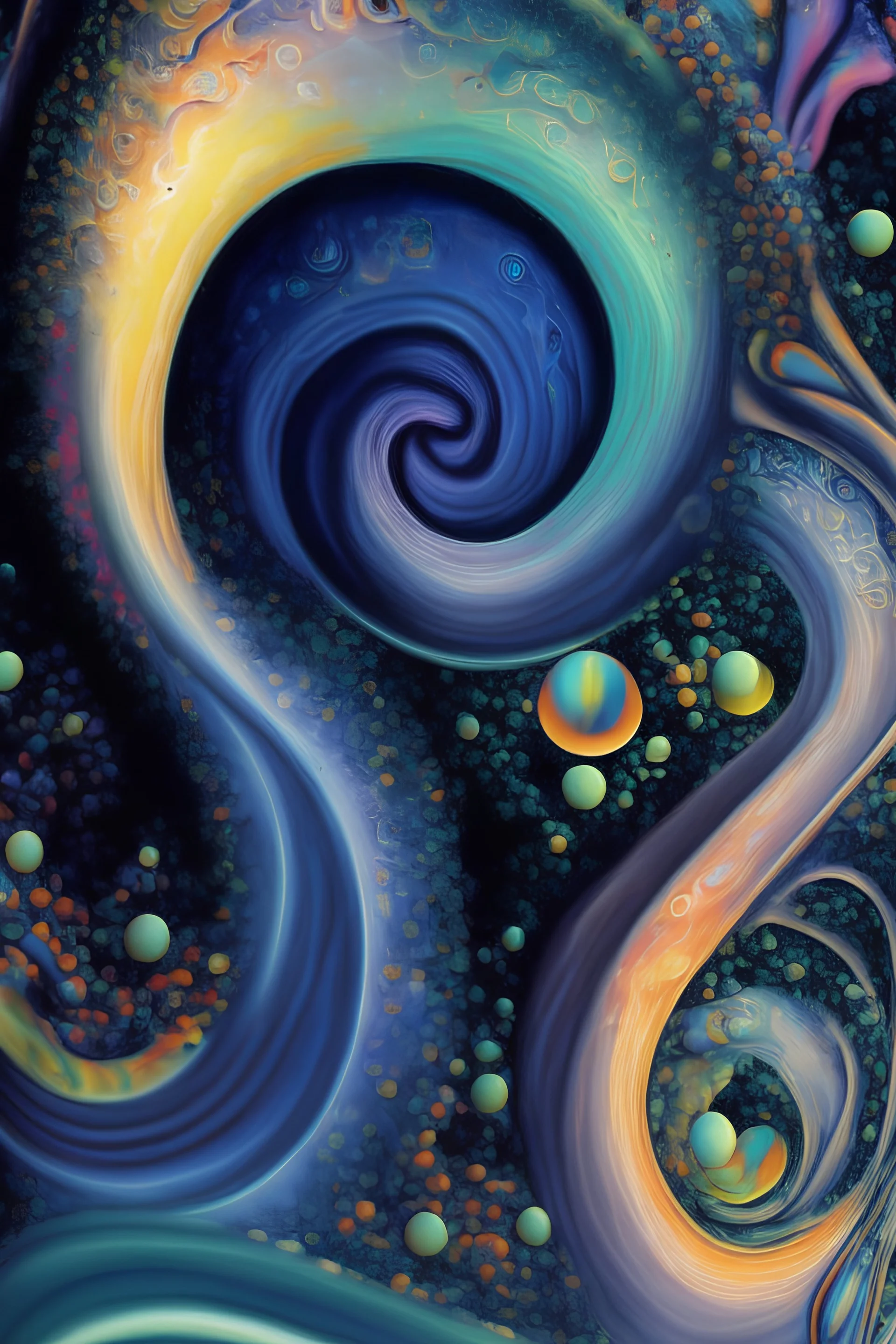 The image is an abstract digital artwork with swirling shapes and colors, reminiscent of an underwater scene with tentacles and bubbles