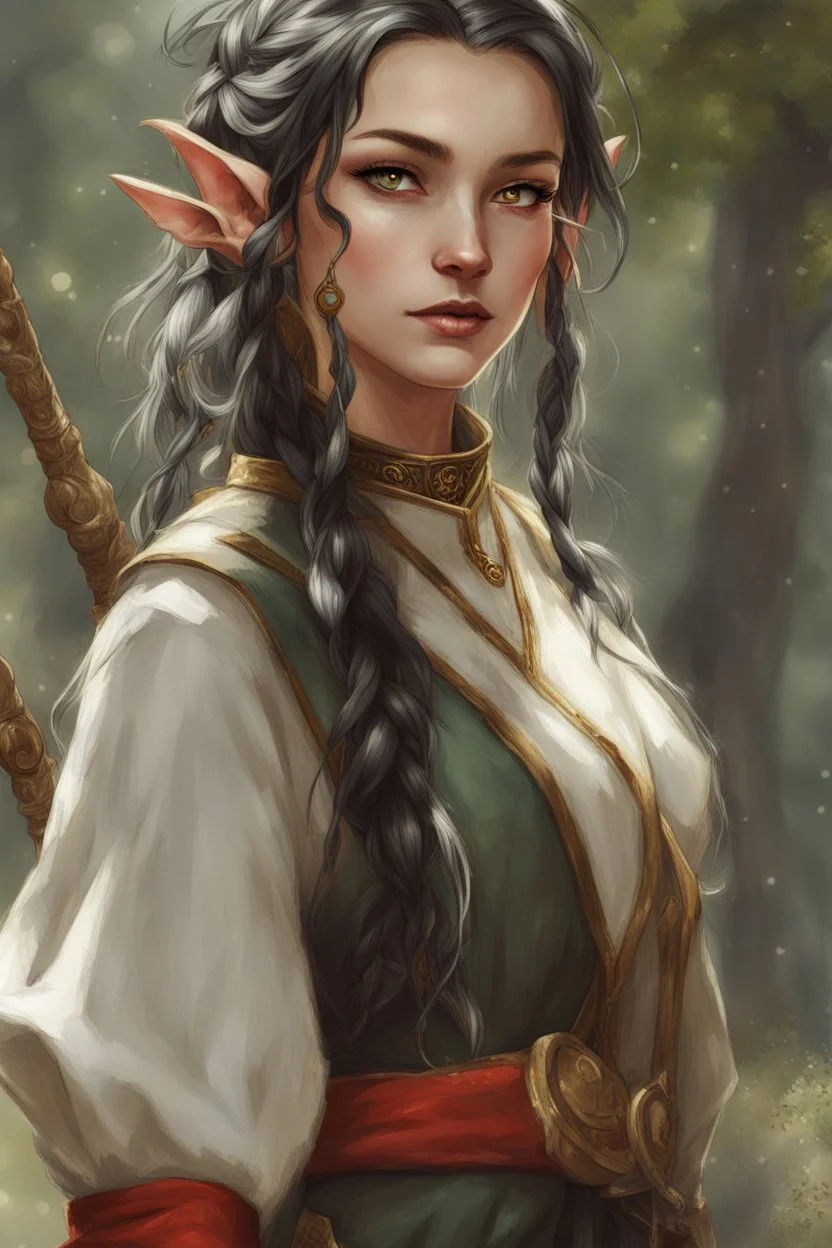 beautiful female elf with pointed ears and long black braids, dressed in a diplomatic tunic