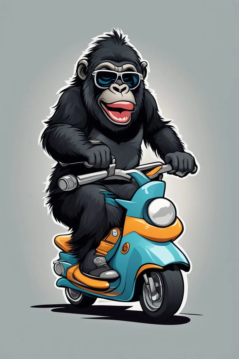 Gorrila riding on a fast scooter, with sunglasses, making a silly face, cartoonize, logo