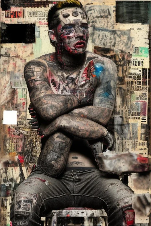 Ultra detailed medium portrait painting of a man, sitting on chair, jail clothes, tattoos, rough look mascara are smeared from crying, chaos dark background,torn up collage of photo clippings, broken circuitry background, matrix effects, punk visual art, punk art aesthetic, graffiti art, pop surrealism, collage art, cluttered paint glitches