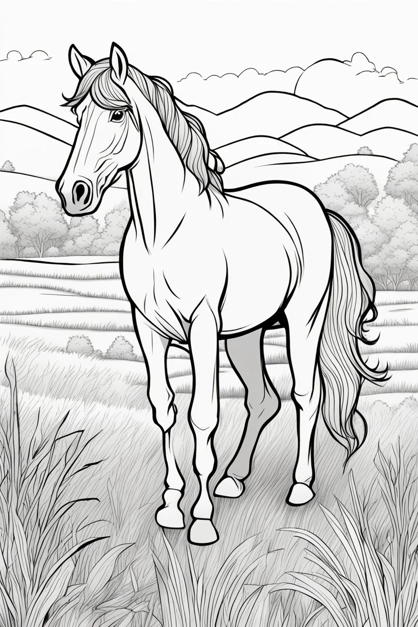 coloring page, horse in a grassy meadow, cartoon style, thick lines, low detail, no shading