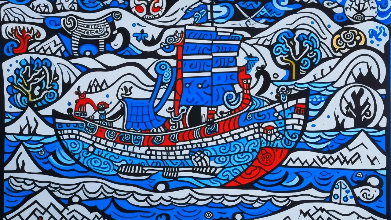 An indigo icy fjord with Viking ships painted by Keith Haring