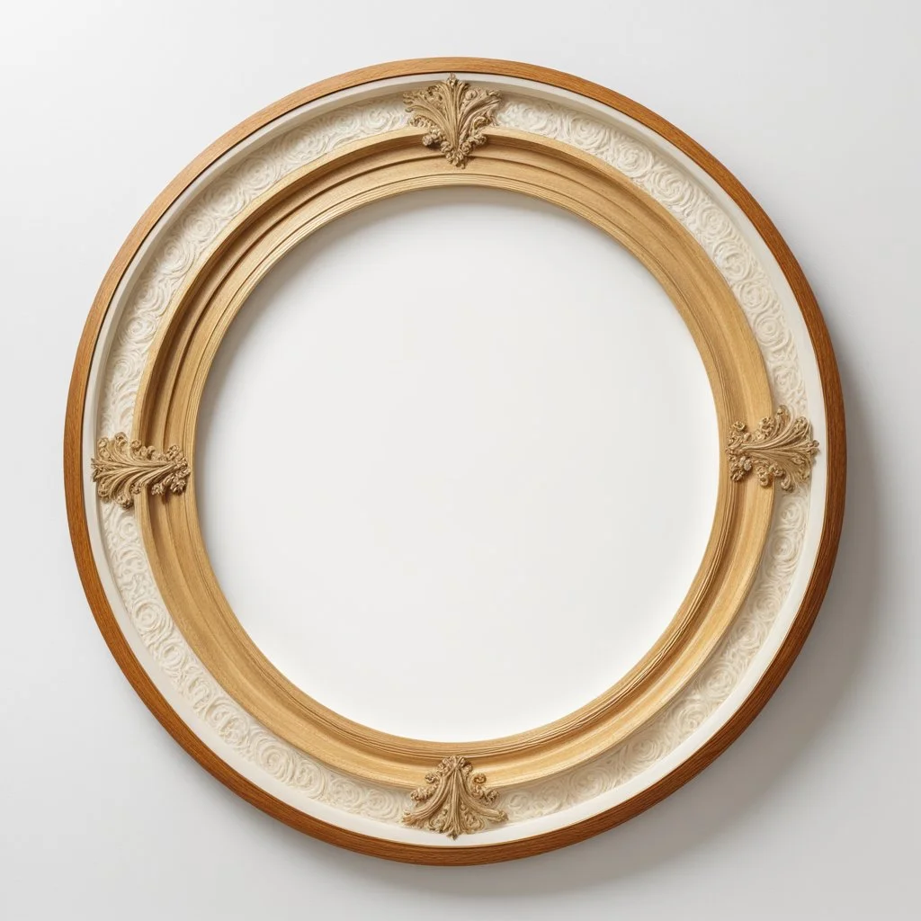 empty picture frame on white background, round circular, ecclesiastic clerical, ivory birch wood, golden inlays