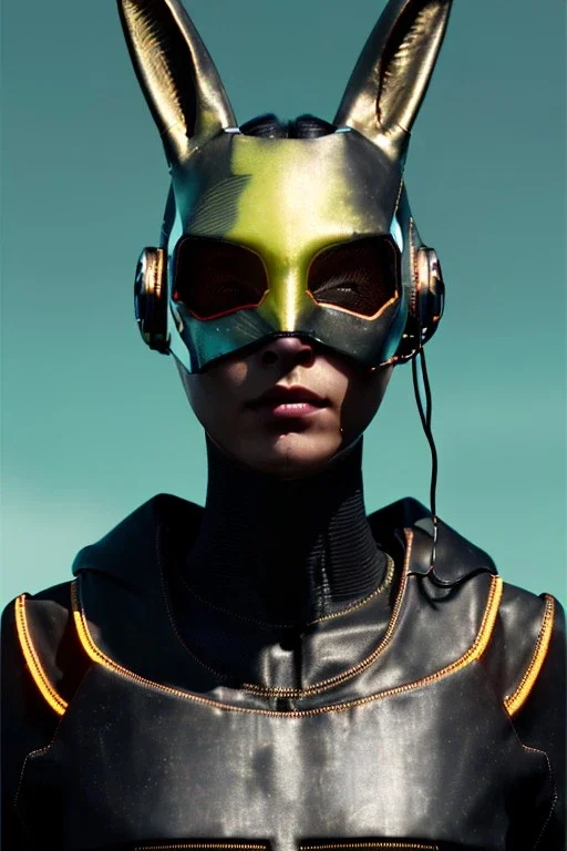 Medium Close Up Portrait, Front image. cyberpunk, rabbit mask, teenager, asian woman, cyber helmet head. Titanium dress. Yellow, black, color. Steampunk style. renaissance ornaments, Color background, photo studio. Front image, highly detailed, concept art, smooth, unreal engine 5, ray tracing, RTX, lumen lighting, ultra detail, volumetric lighting, 3d, finely drawn, high definition, high resolution.