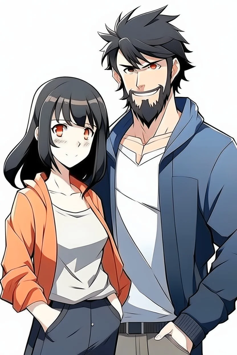 Anime man with beard, handsome and happy. Standing with Beautiful anime woman with black hair