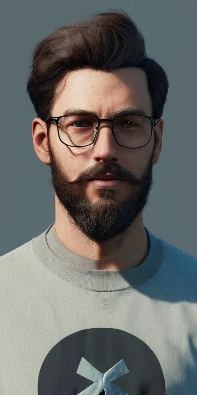 boy, young, glasses, beard, brown hair, brown eyes, medium hair, bangs side part, head and shoulders portrait, head and shoulders portrait, 8k resolution concept art portrait by Greg Rutkowski,