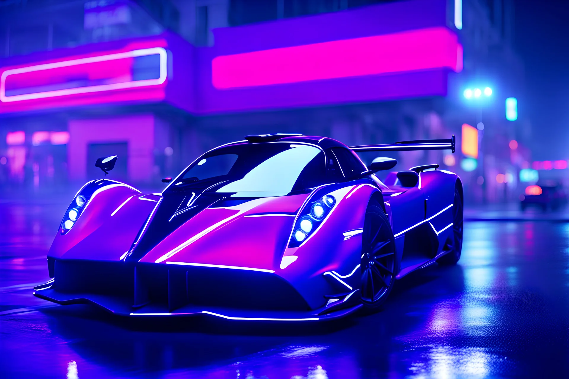 a glowing purple Zonda zooming through the streets of a neon lit futuristic miami at night and in the rain 8k hyperrealistic