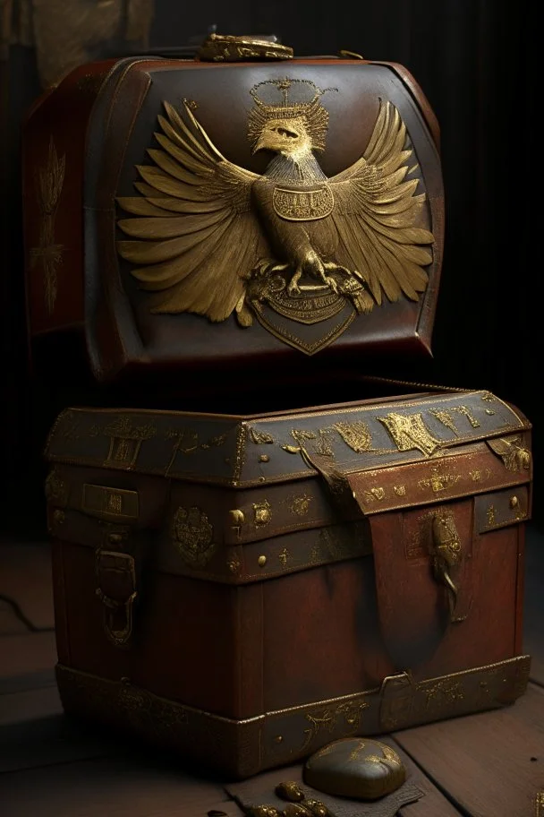 in the BASEMENT there is an old, broken brown oblong leather chest with short handles, with a hole on the side, gold coins from the time of Catherine the Great fall out of it. The ancient coat of arms of tsarist Russia, the double-headed eagle, is BARELY VISIBLE on the bag. All in high quality 8K