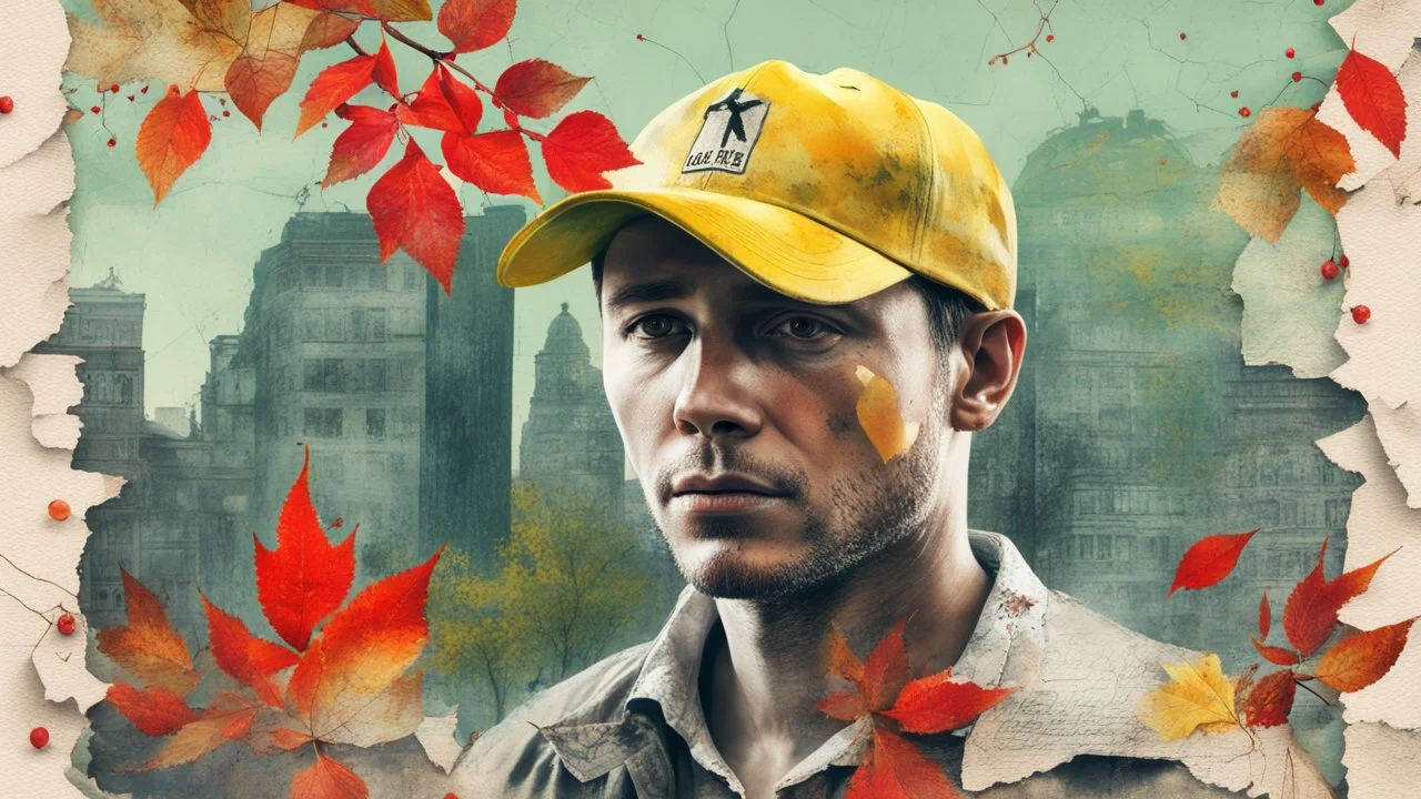 background old, cracks, yellow, torn canvas, gouache, double exposure, man, baseball cap, 40 years old, fine drawing, blots, newspaper scraps, leaves, green, autumn, city, branches, red rowan berries, 8K, double exposure