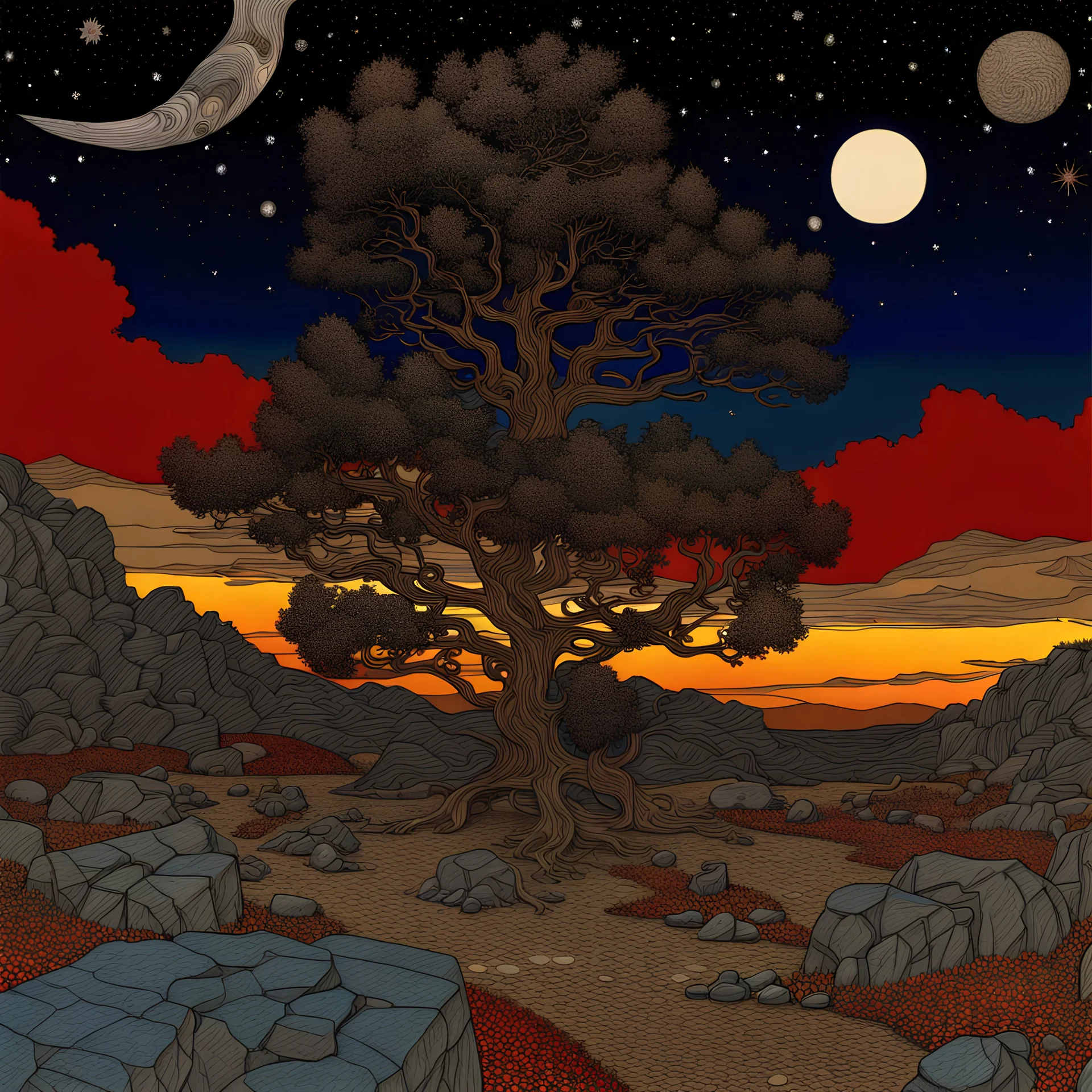 Colourful, peaceful, Egon Schiele, Max Ernst, night sky filled with galaxies and stars, rocks, trees, flowers, one-line drawing, sharp focus, 8k, deep 3d field, intricate, ornate