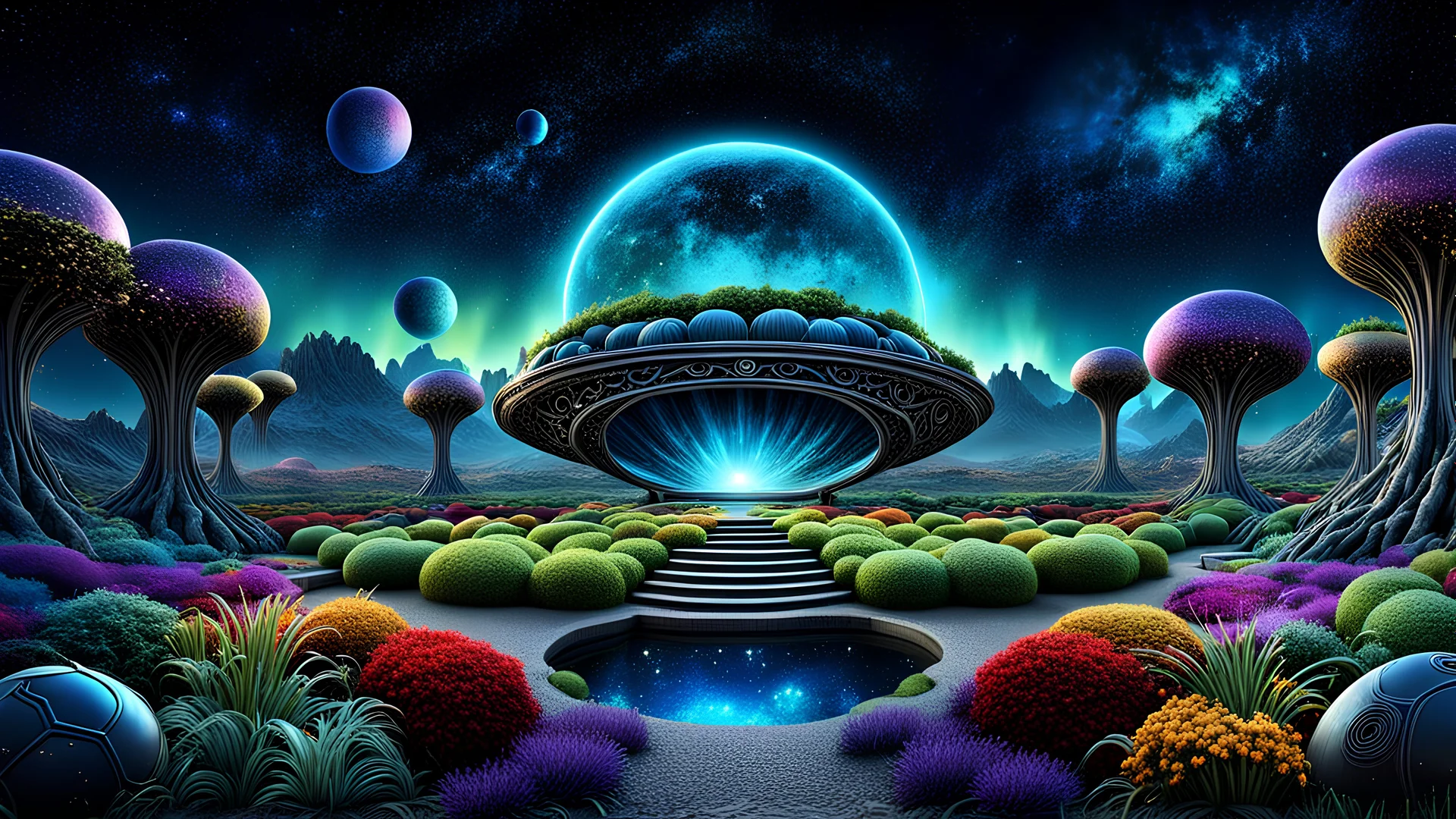 weird and unique Alien garden under the stars on alien planet, stunning metallic ball, high detailed ,deep colors, fantastical, intricate detail, splash screen, complementary colors, fantasy sci-fi, cinematic lighting, atmospheric, dark sky with stars, masterpiece, epic, stunning