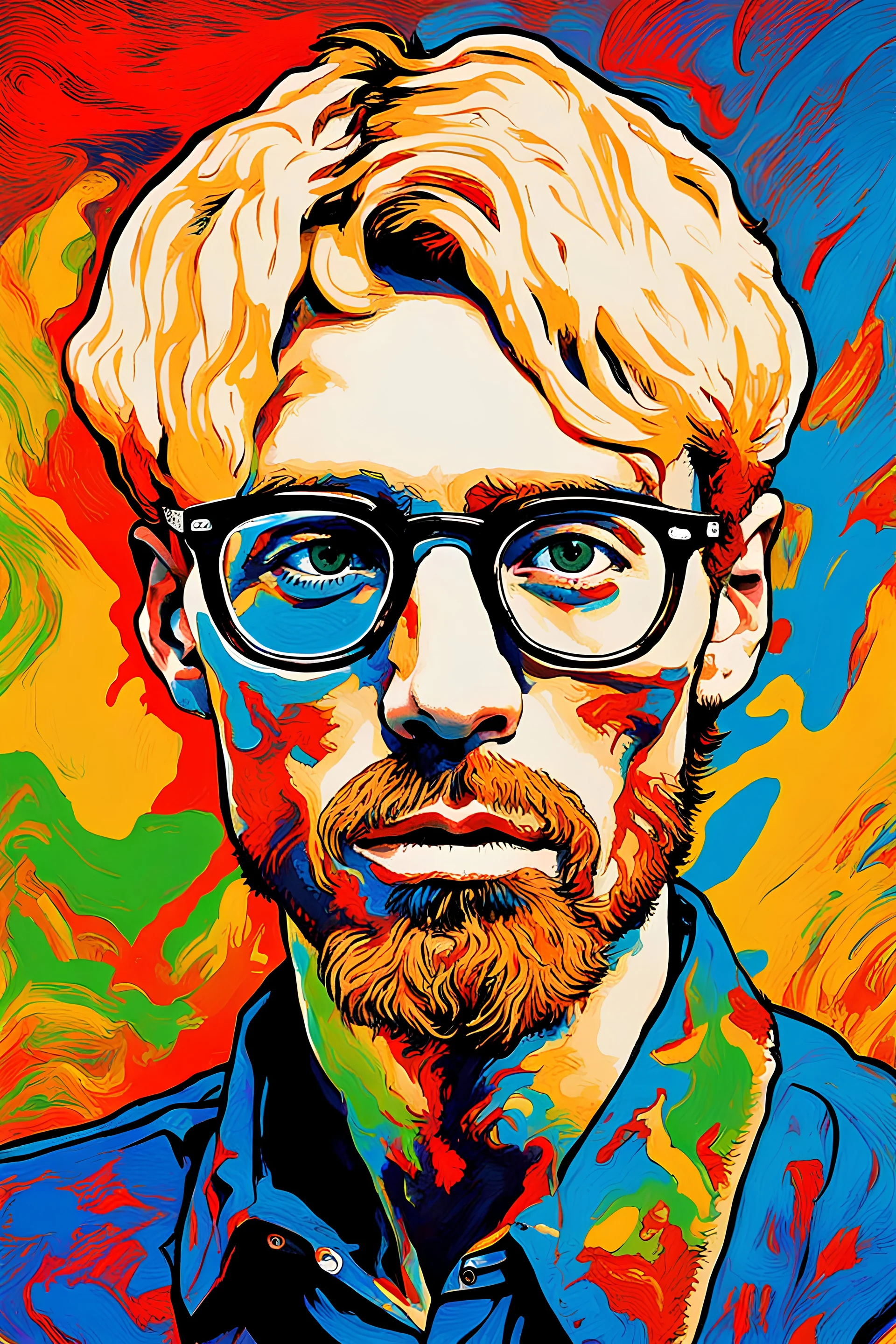 painting of a psychadelic Portrait of the Artist as a Young Man by van gogh and andy warhol infusion.