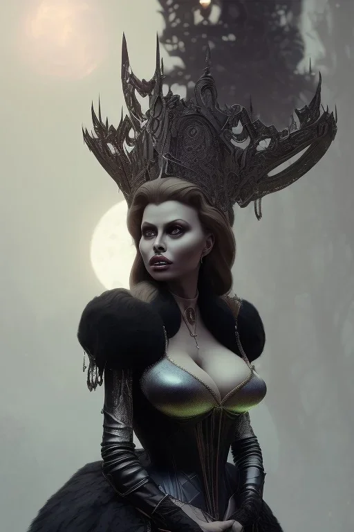 Sophia Loren as evil queen in black leather, cleavage, angry, stern look. character design by cory loftis, fenghua zhong, ryohei hase, ismail inceoglu and ruan jia. unreal engine 5, artistic lighting, highly detailed, photorealistic, fantasy