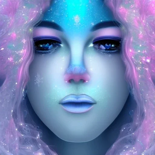 Face Angel crystalline,blond hair, blue eye ,pink , cosmic, opalescent, gemstones, crystals, other worldly,water,bright, ice background, snow lake blue