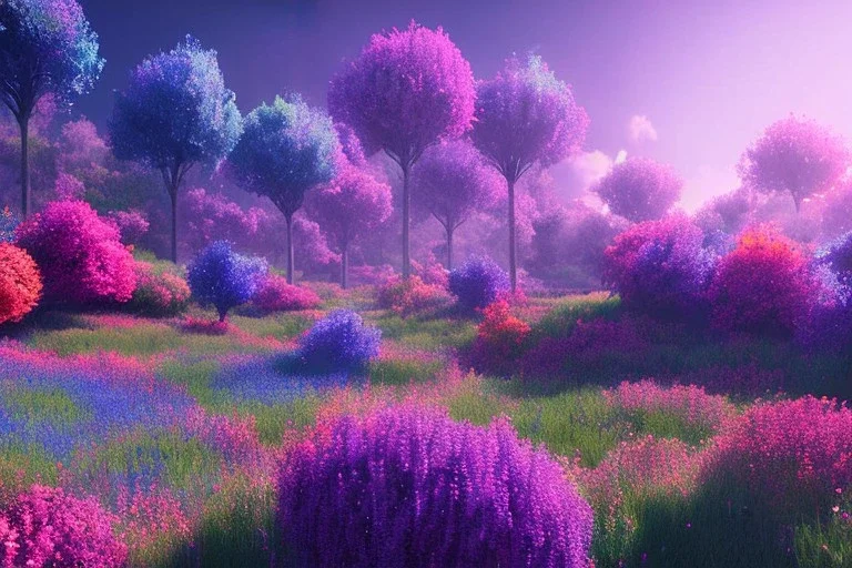 monde en fleurs bleu pink fuksia, concept art, crépuscule , trees bleu pink violet oranger, vibrant Color, réaliste