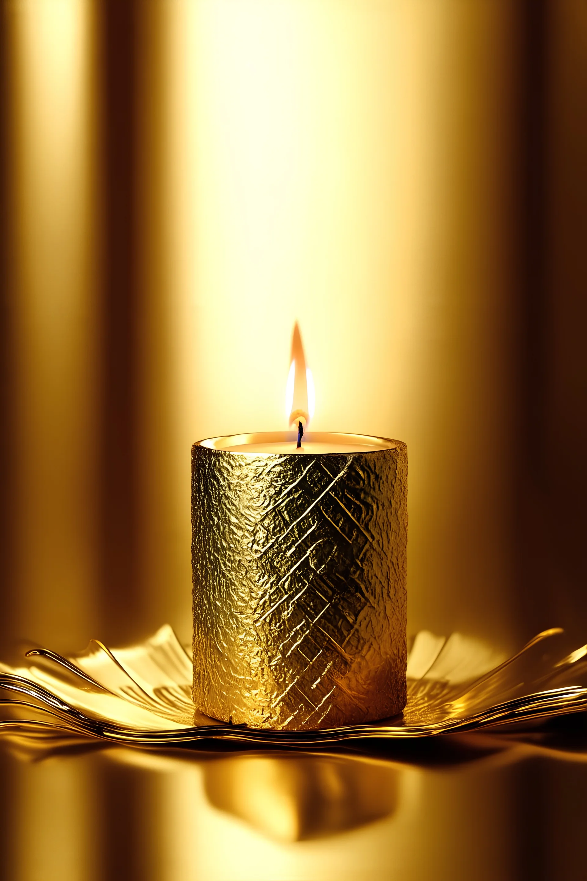 Presenting to you an exquisite background and candle in aristocratic golden tones. The background is rendered in a rich yet subdued gold hue, creating an atmosphere of luxury and sophistication. It is adorned with delicate, barely noticeable textured patterns that add depth and elegance. The candle, standing at the center of the composition, harmoniously complements the background. It is crafted in an astel-gold color, with a surface covered in a light metallic sheen that reflects soft light, c