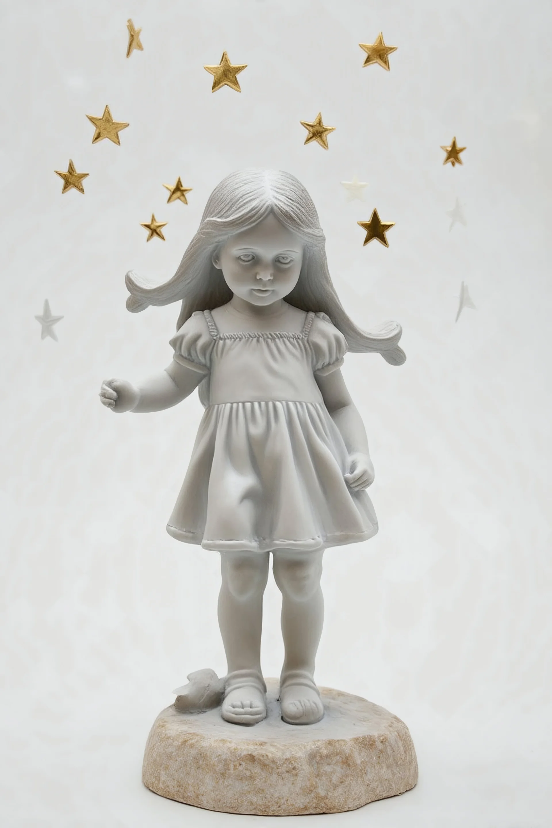 Sculpture en étoiles, petite fille aux cheveux longs, fond blanc