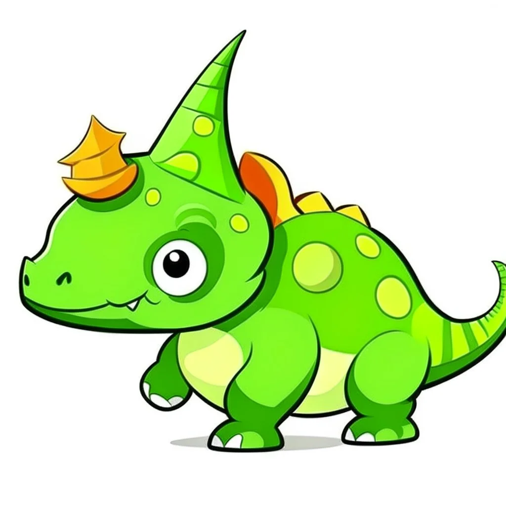 Cartoon illustration for children: Green Triceratops with one broken horn. He is sad.