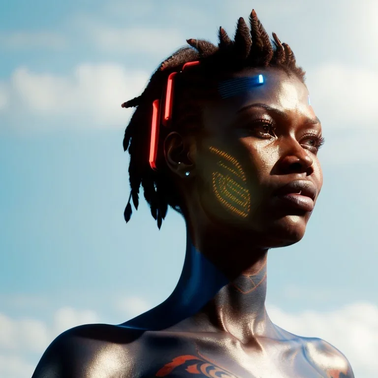 A beautiful portrait of a cyberpunk cyborg black tribal woman with lot's of grain on her skin and big tribal tatoos all over the skin, blue eyes, with natural hair floating in the wind cyborg smiling facing camera orange color scheme, high key lighting, volumetric light high details with white stripes and feathers unreal 5, octane render, cinema4d, dynamic lighting, dramatic lighting, 4k, redshift render, highly detailed, hyper realistic