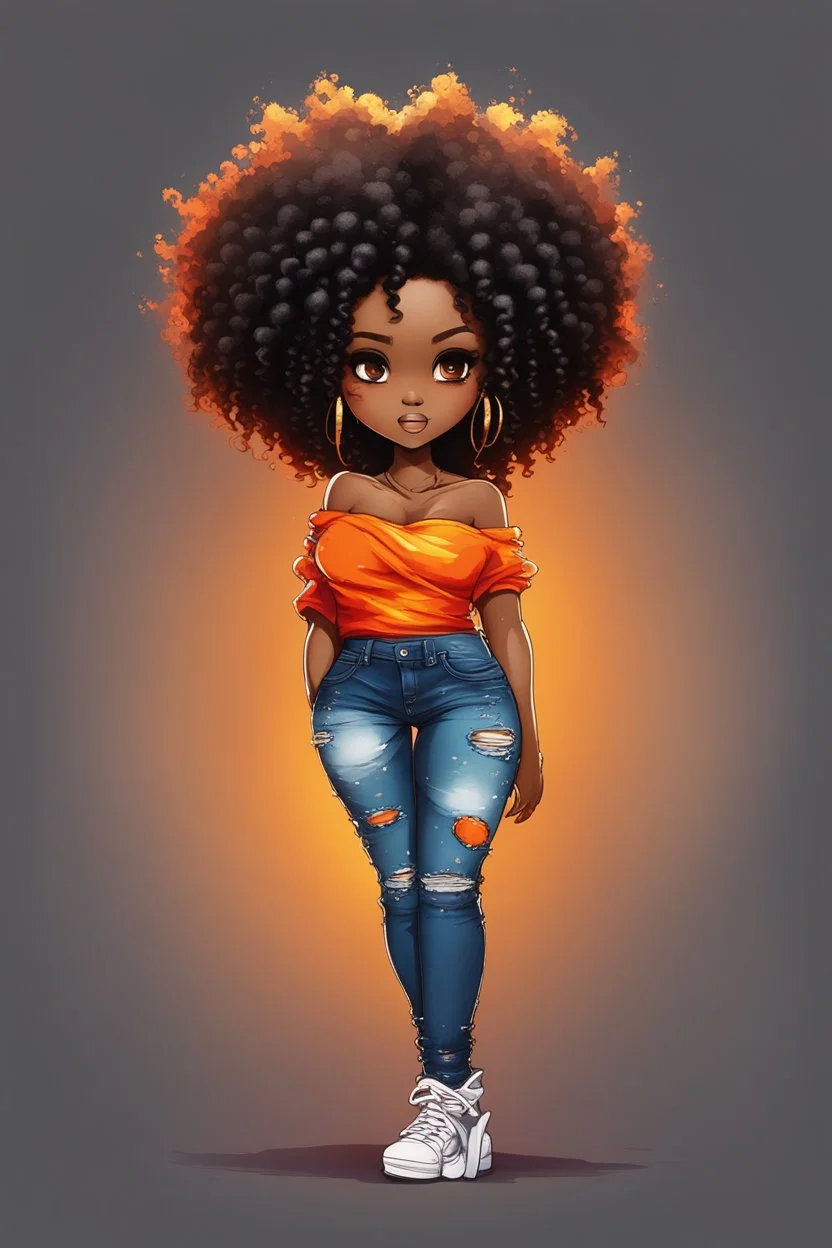 create a colorful abstract silhouette art image 8k of a chibi curvy black female wearing torn jeans pants and a orange tie dye off the shoulder blouse. Prominent make up with hazel eyes. Highly detailed long tight curly afro in a hair wrap.