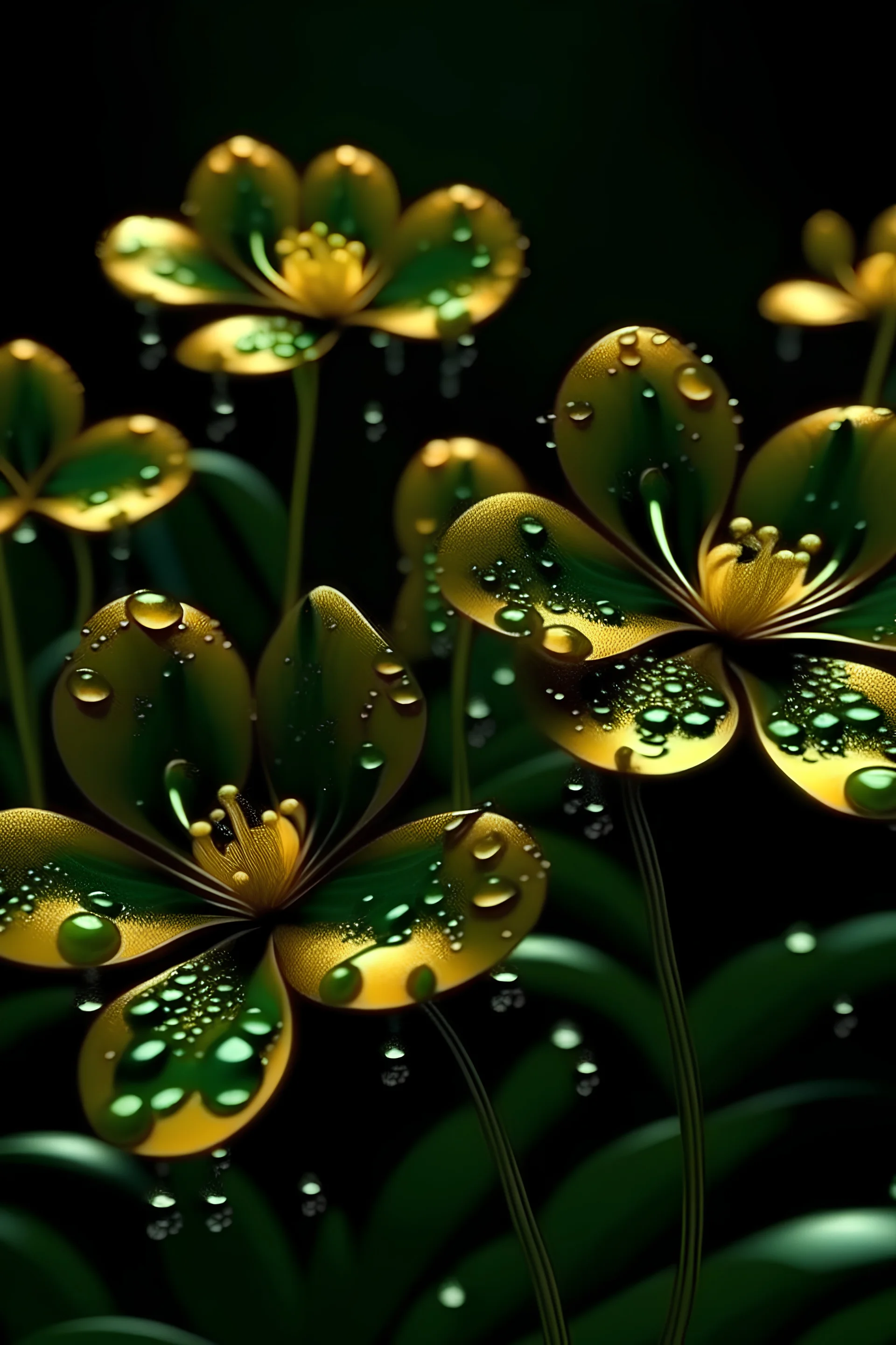 Unusual light golden flowers as in avatar, with drops of water on a dark green background, 8k, with darning