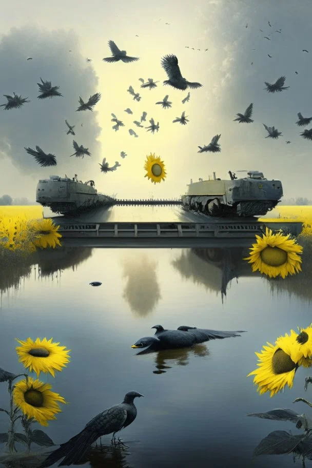 gray lake with bridge of sunflowers and tanks and black birds in fuggy sky with dim sunlight