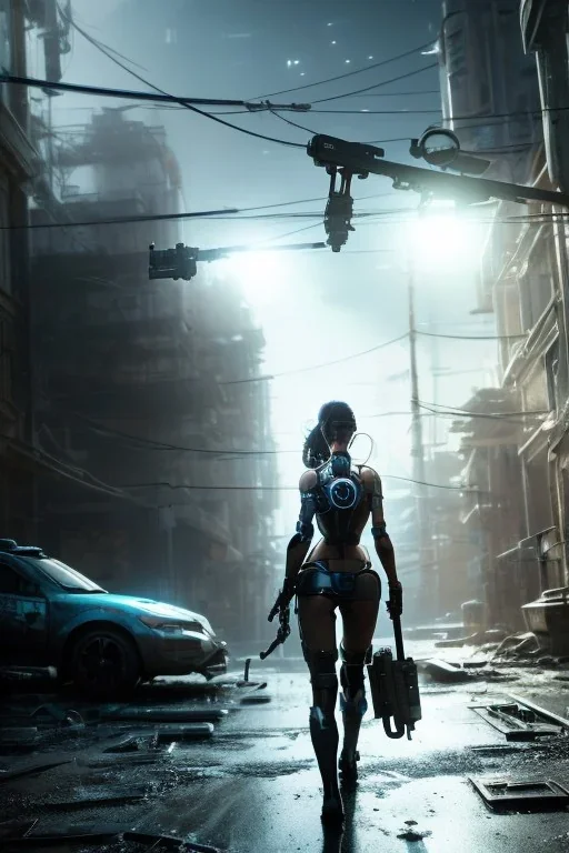 beautiful gun hold girl robot, post-apocalyptic in a cyberpunk city, realistic, intriacte detail, sci-fi fantasy style, volumetric lighting, particales,highly detailed,cinamatic, deep