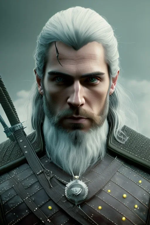 Henry cavil face, yellow eyes, long white hair, wearing The witcher 3, realistic, 4k, intricate, best quality, fog particles, fire particles, octane render, vray, sword fire