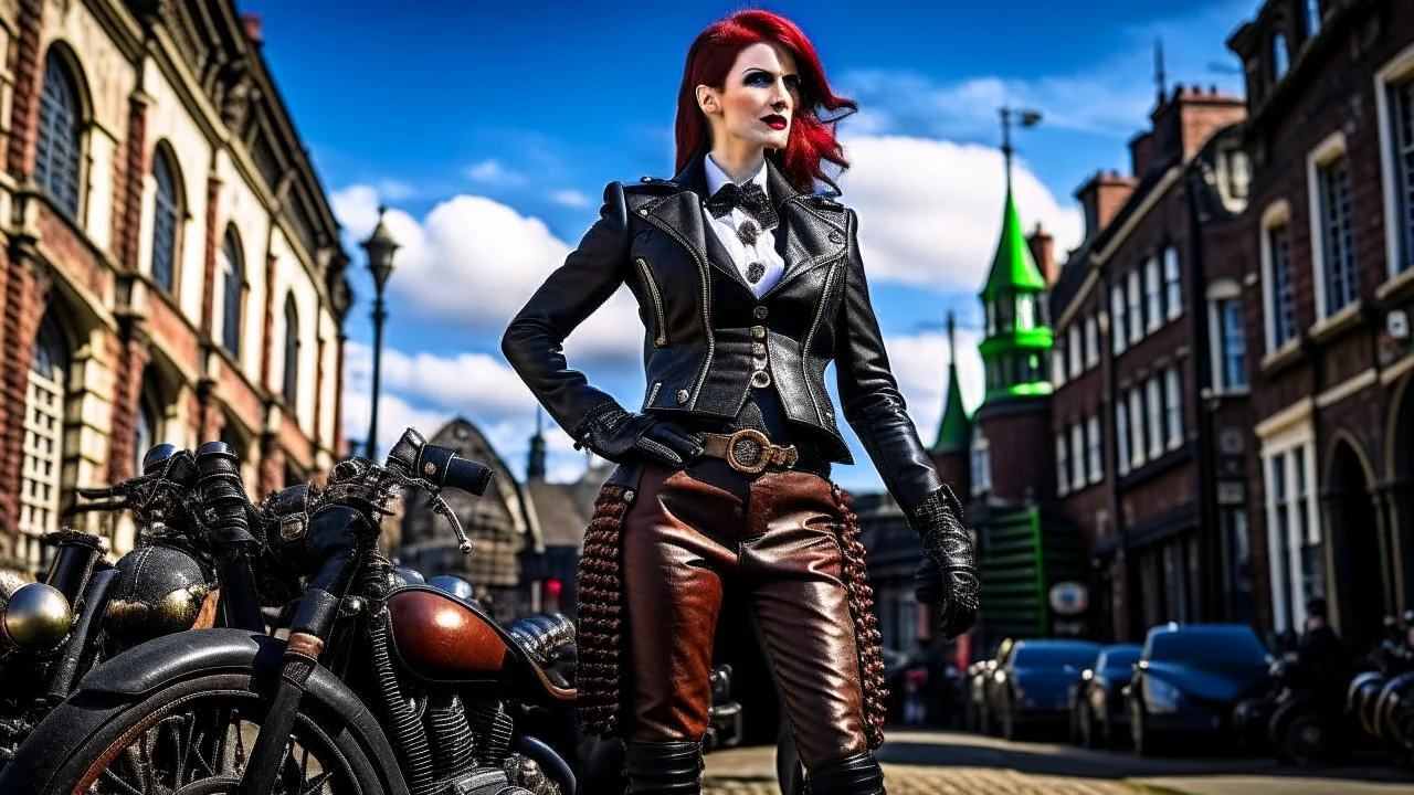 full-height portrait of a woman with straight shoulder-length auburn hair, with metal arms and legs, dressed in leather trousers, and a waistcoat, in a Victorian street next to a steampunk motorbike, blue sky