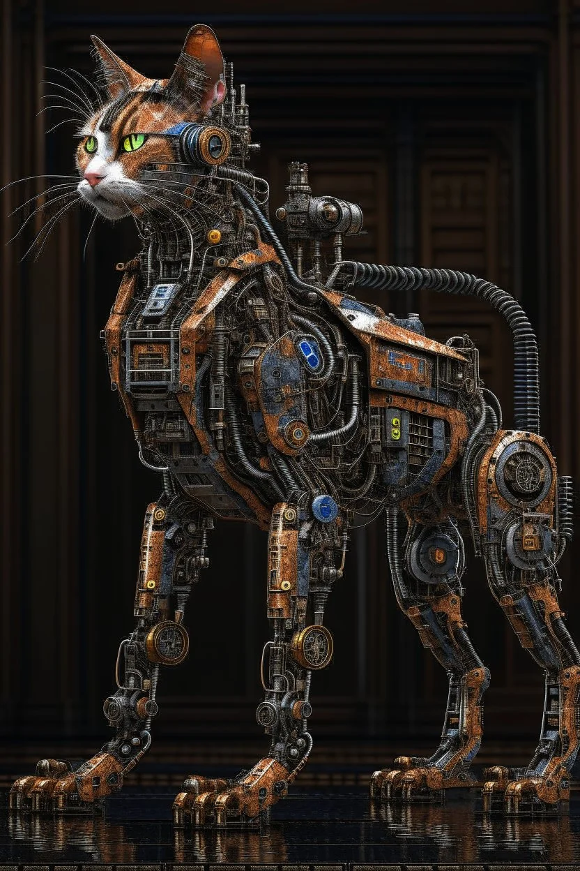 A full length cyber cat mixed with a rusted robot, carrying a weapon,8k ultra detail, baroque painting by AI