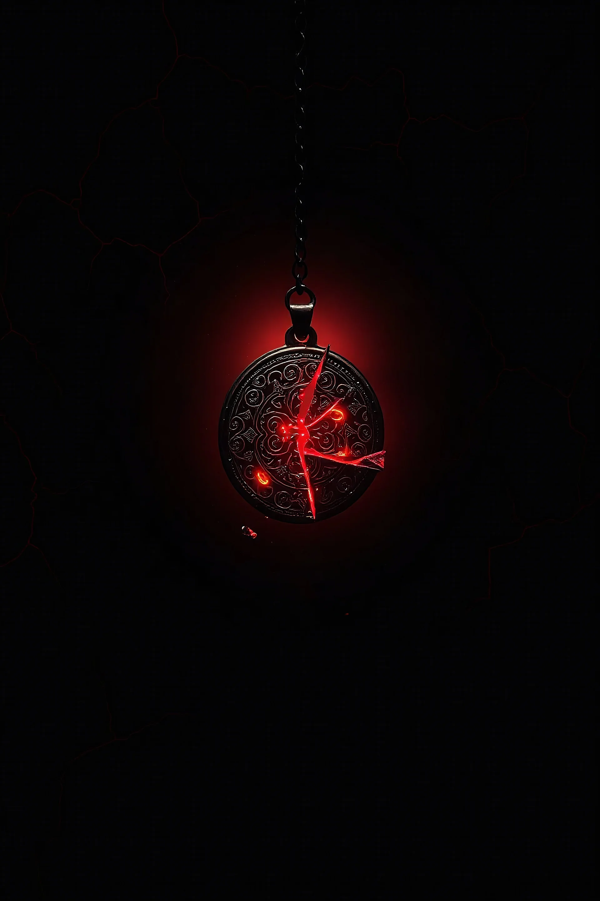 A dark and minimalist background in deep black, with faint, chaotic red lines weaving randomly across the surface like cracks or veins. At the center, the faint glowing outline of a shattered amulet with intricate, ancient engravings on its surface. The shards of the amulet are breaking apart, suspended mid-air, with subtle red and golden glows emanating from the fractures. A soft, ominous light radiates from behind the amulet, casting a dim aura. The overall tone is mysterious and dramatic, evo