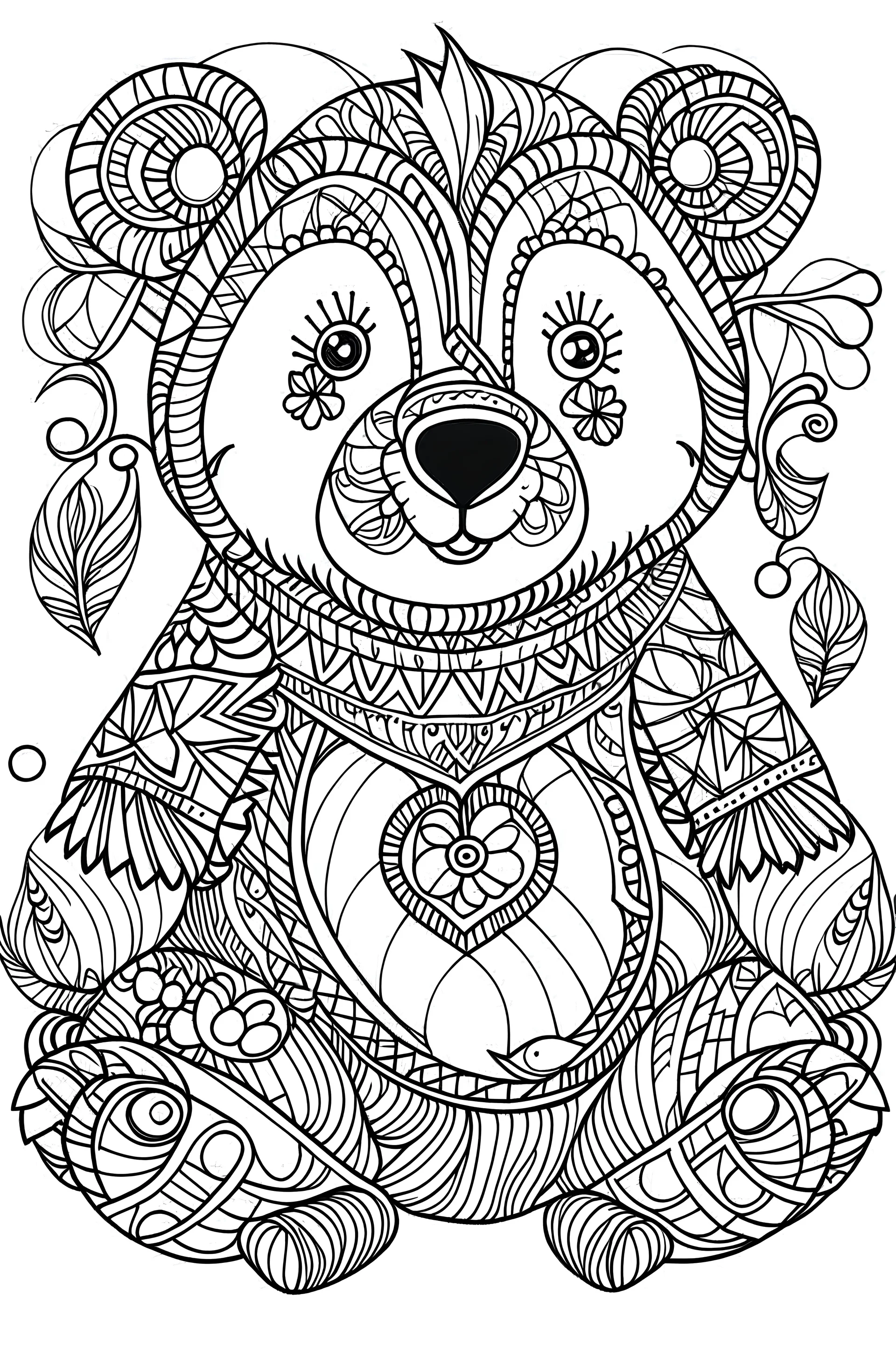 Outline art for coloring page, BOHEMIAN HAPPY TEDDY BEAR, coloring page, white background, Sketch style, only use outline, clean line art, white background, no shadows, no shading, no color, clear