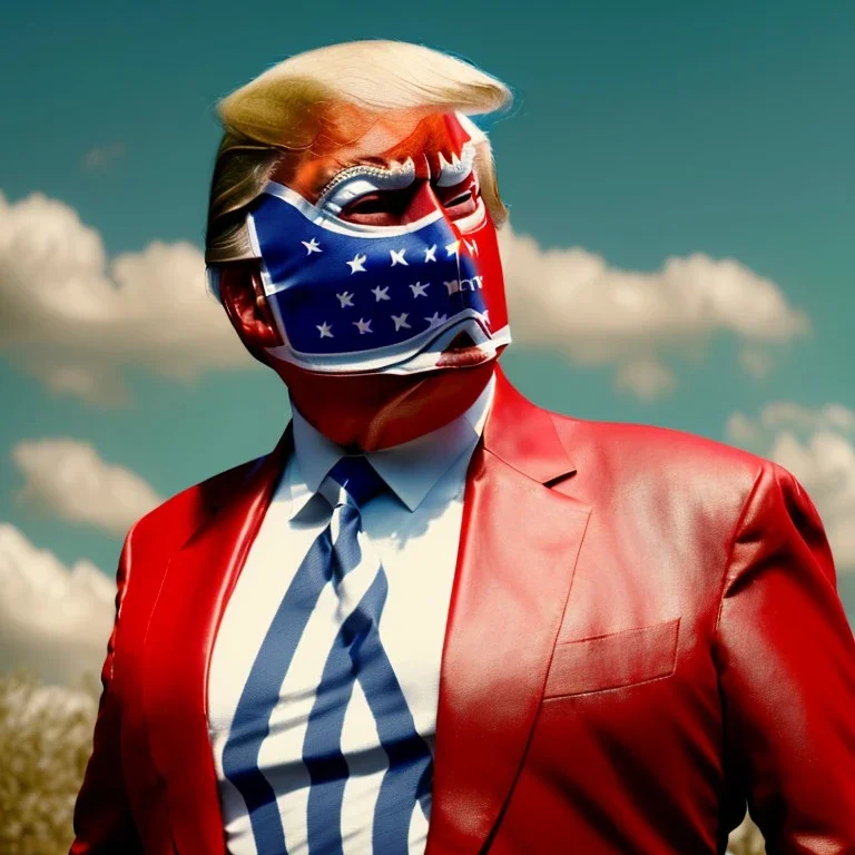 realistic image of donald trump as a mexican wrestling fighter posing outdoors, Mexican eyes wrestling mask, red and blue breeches, suspenders, retro style, 80s, vibrant color, highly detailed, sky background, concept art, unreal engine 5, god rays, ray tracing, RTX, lumen lighting, ultra detail, volumetric lighting, 3d, finely drawn, high definition, high resolution.