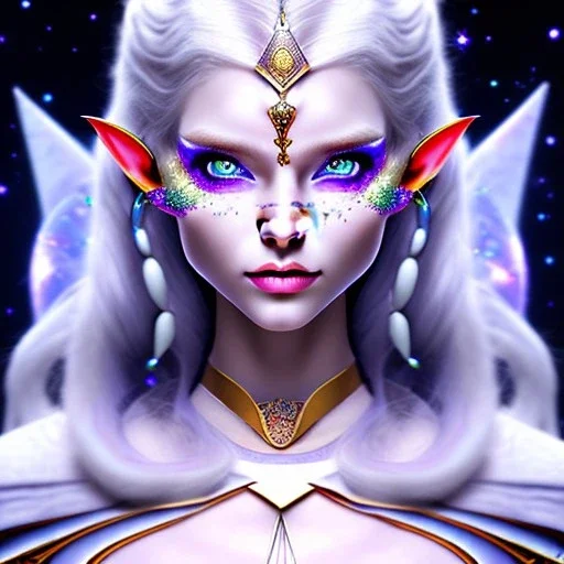 cosmic mage, elf, female, battle mage, cosmic sword, epic, cosmic magic, staff, long ears, white hair, face details, odd-eyes, pale skin, detailed eyes, jewellery, broad shoulders, glimmering eyes