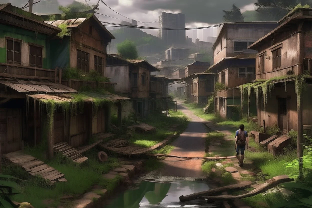 TLOU Town but in the style of Bob Ross's oil painting. No people.